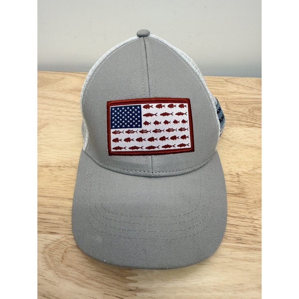 I Am Angler Trucker Hat Gray USA Flag Fish Patch Snapback Mesh Cap #57